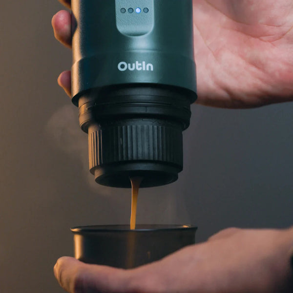 OutIn Nano Portable Espresso Machine (OutIn Teal) Pouring Coffee