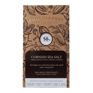 Cornish Sea Salt Milk Chocolate bar packaging by Chocolarder featuring rich Ghanaian cacao and sea salt.