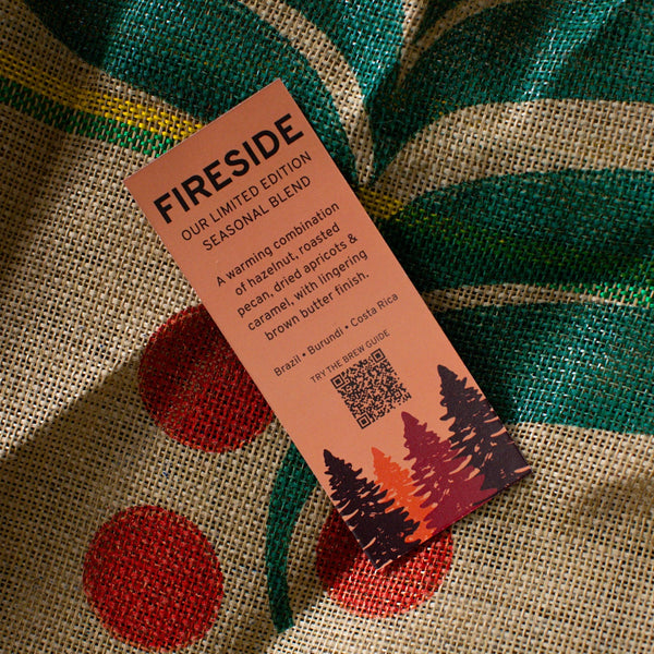 Fireside postcard on a patterned fabric background