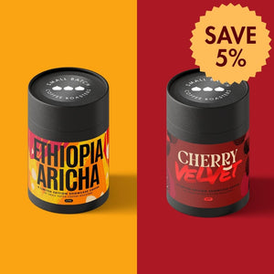 small batch coffee roasters showcase bundle, featuring ethiopia aricha and cherry velvet, with a 5% discount saving.