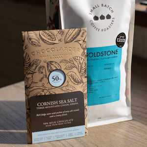 Goldstone & Salted Chocolate Pairing featuring Cornish sea salt chocolate and Goldstone coffee blend.