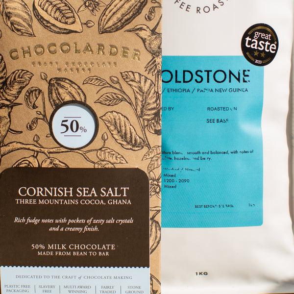 Goldstone & Salted Chocolate Pairing featuring Cornish Sea Salt chocolate and Goldstone coffee blend.