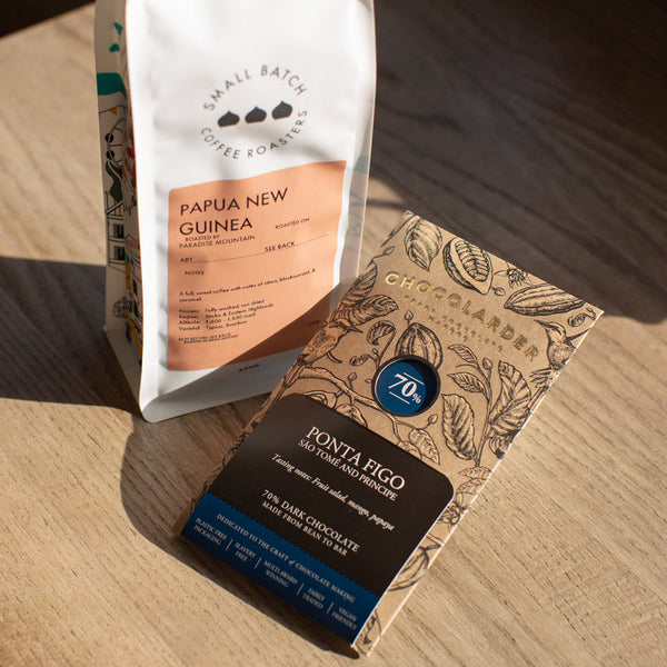 Paradise Mountain and Ponta Figo Chocolate Pairing featuring Papua New Guinea coffee and dark chocolate.