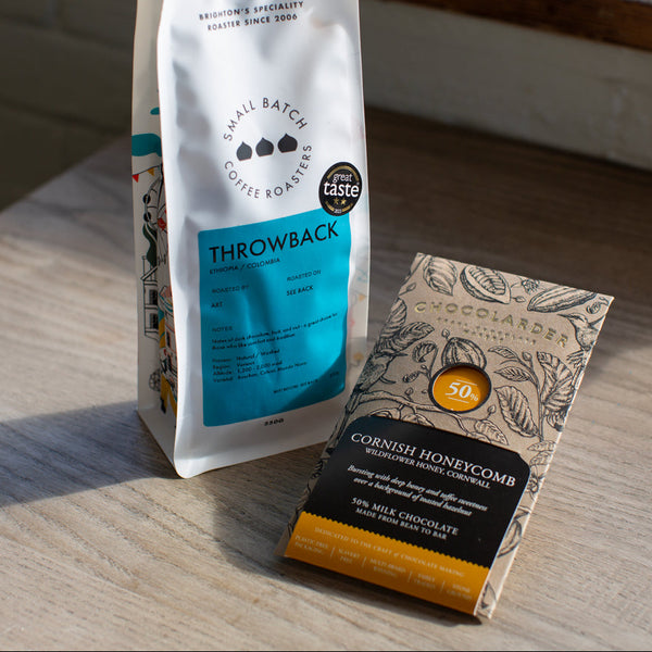 Throwback & Honeycomb Chocolate Pairing displayed with Throwback coffee and Cornish Honeycomb chocolate packaging.