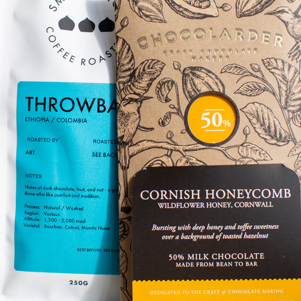 Throwback & Honeycomb Chocolate Pairing featuring dark chocolate, citrus fruits, and hazelnut with Cornish honeycomb.