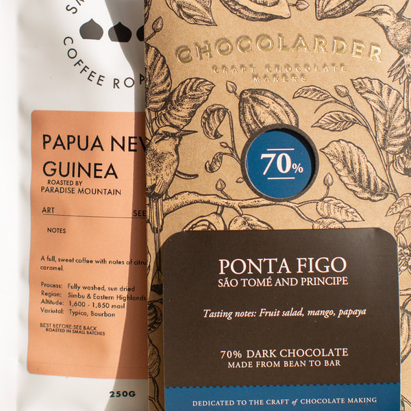 Paradise Mountain and Ponta Figo Chocolate Pairing featuring Papua New Guinea coffee and 70% dark chocolate.